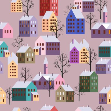 Noel İskandinav kasabası, kusursuz kış şehri manzarası, ağaç evleri, yeni yıl ve Noel tatilleri. Vektör illüstrasyon minimalizm biçimi