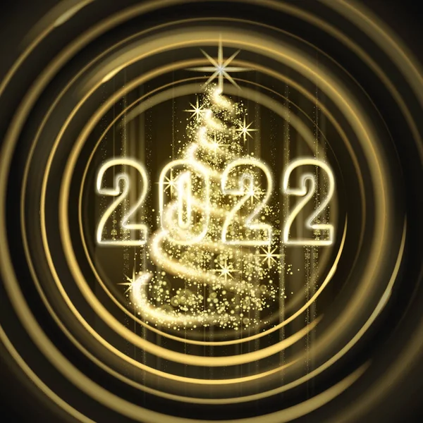 Gott nytt år 2022. God jul träd guld ljus damm dekoration, gyllene suddig magi glöd på svart bakgrund. God jul firande. Vektor illustration banner gratulationskort — Stock vektor