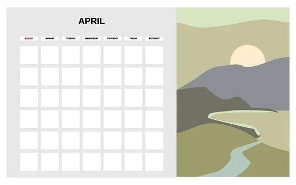 Kalenderplaner April Frühlingsmonat. Minimal abstrakte zeitgenössische Landschaft natürlichen Hintergrund. Monatliche Vorlage für Tagebuchgeschäfte. Vektor isoliert — Stockvektor