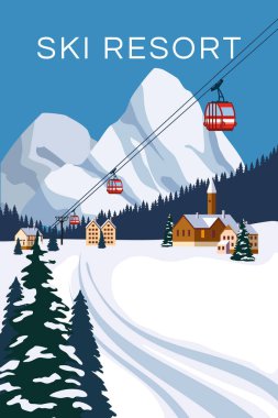 İsviçre 'nin Alp Dağları' nda kış tatil köyü. Kar manzarası zirveleri, kırmızı teleferikli yamaçlar. Seyahat retro posteri, vektör illüstrasyonu