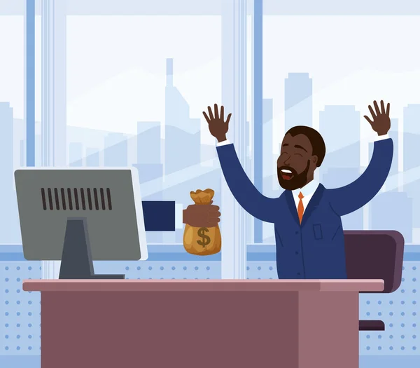 Successful joyful black businessman receives a bag of money from the computer screen. Earn money online, financial success, win lottery prize. Vector illustration flat cartoon style — Stock Vector