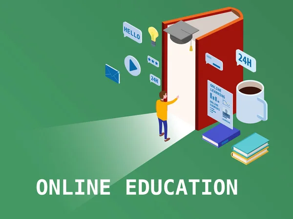 Educación en línea Estudiante, libro abierto. Concepto de estudio en línea, cursos, webinar. Ilustración vectorial isométrica — Vector de stock