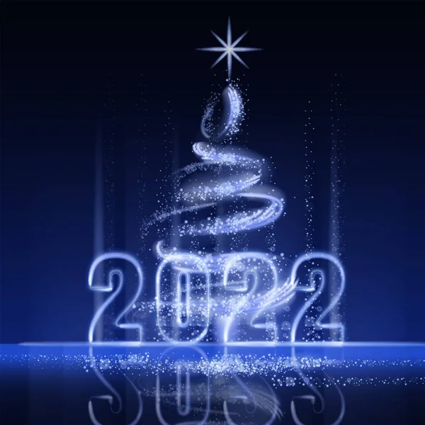 God Jul och Gott Nytt År 2022, träd guld ljus damm dekoration, gyllene suddig magi glöd på mörk bakgrund. God jul firande. Vektor illustration banner gratulationskort — Stock vektor