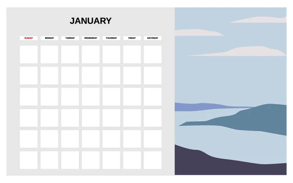 Perencana Kalender Januari bulan musim dingin. Minimal abstrak kontemporer latar belakang alam lanskap. Templat bulanan untuk bisnis buku harian. Vektor terisolasi - Stok Vektor