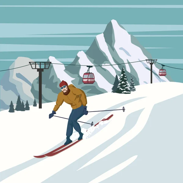 Montagna sciatore vintage località invernale Alpi, Svizzera. Cime innevate, piste con cabinovia, con sci e bastoncini in legno vecchio stile. Poster retrò viaggio — Vettoriale Stock