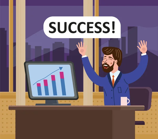 Successfull businessman joiful happy, performance graphs growth are on the top of success. Profitable investment, stock market income on computer monitor. Millionaire banker, financier cartoon — Stock Vector