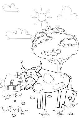 Tatlı boğa çiftliği hayvanları çocuklar için eğitici resimlerle boyuyor. Kırsal manzara boyama sayfası. Vektör siyah beyaz çizgi film karakteri