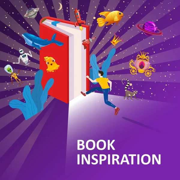 Open Book Imagination with run boy, concept background. Libro de lectura de inspiración con elementos fantásticos y creativos cohete, ballena, ovni, unicornio, peces de oro. Vector ilustración caricatura estilo cartel — Vector de stock