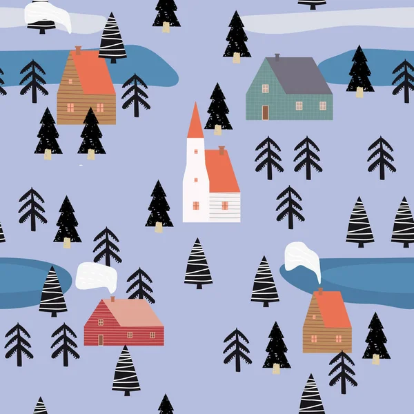 Modèle sans couture hiver paysage scandinave, forêt, village. Style folklorique nordique, Noël, ambiance chaleureuse. Illustration vectorielle — Image vectorielle