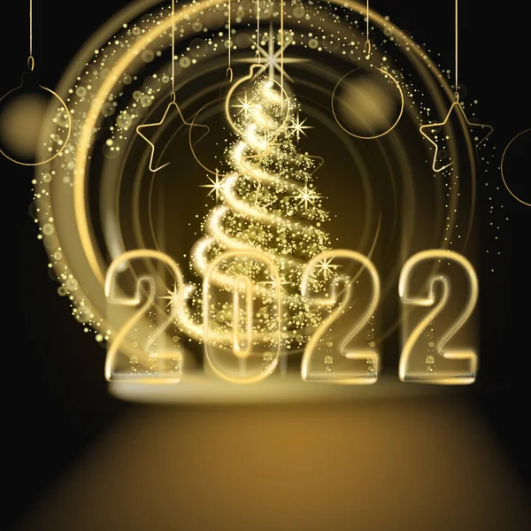 Feliz Ano Novo 2022. Árvore de Natal feliz luzes de ouro decoração de poeira, brilho mágico embaçado dourado no fundo preto. Feliz festa de Natal. Cartão de saudação de banner de ilustração vetorial — Vetor de Stock