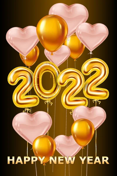 2022 Mutlu Yıllar gerçekçi altın süsleme balonları, kalpler. Altın folyo numaraları, parlak parti geçmişi, konfeti, sim. Vektör bayramı posteri, pankart tasarımı