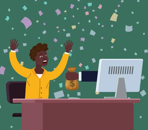 Успешный чёрный бизнесмен получает сумку с деньгами с экрана компьютера. Заработать деньги онлайн, финансовый успех, выиграть приз в лотерею. Падение банкнот, конфетти, победа. Векторная иллюстрация — стоковый вектор