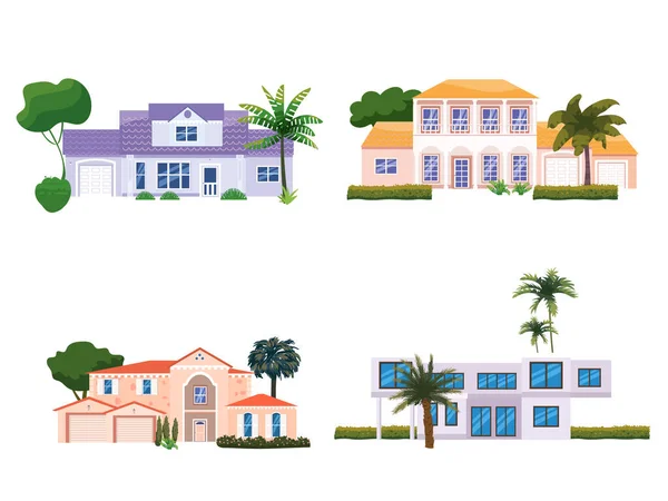 Ställ in herrgårdsbyggnader, tropiska träd, palmer. Hus exteriör fasader front view arkitektur familj moderna moderna stugor hus eller lägenheter, villa. Förortsegendom — Stock vektor