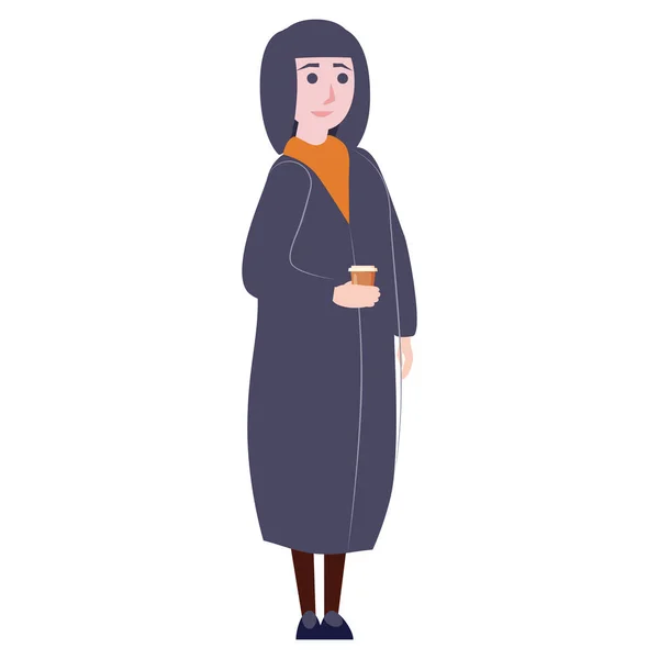 Jonge vrouw met koffie, koude winterkleding, warme jas, laarzen. Cartoon platte stijl — Stockvector