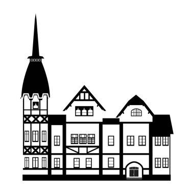 Avrupa ve Amerika 'daki eski apartman dairesi. Siluet siyah beyaz ikon. Vektör illüstrasyonu
