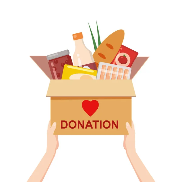 As mãos seguram uma caixa de doação com caridade alimentar. Enlatado, pão, bebidas. Com banner de texto doar. Desenhos animados ilustração vetorial — Vetor de Stock