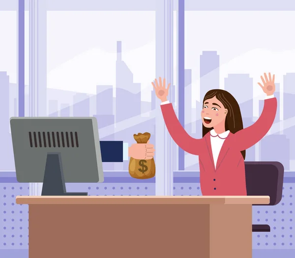 Successful joyful businesswoman receives a bag of money from the computer screen. Earn money online, financial success, win lottery prize. Vector illustration flat cartoon style — Stock Vector
