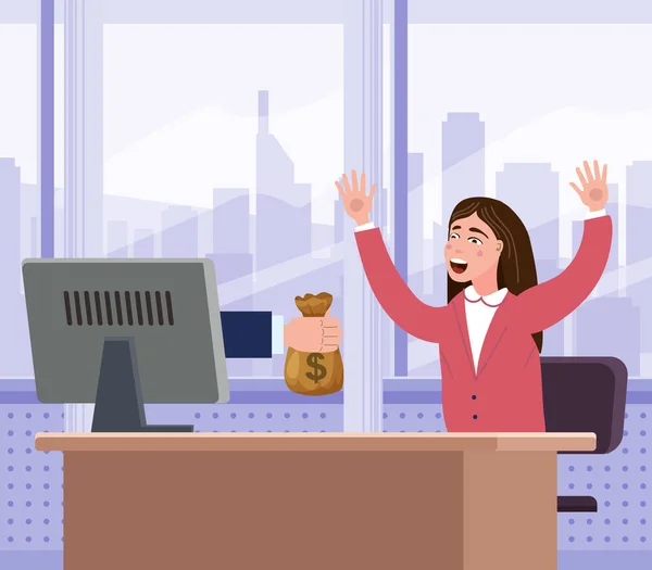 Empresária alegre bem sucedida recebe um saco de dinheiro da tela do computador. Ganhe dinheiro online, sucesso financeiro, ganhar prêmio de loteria. Ilustração vetorial estilo cartoon plana —  Vetores de Stock