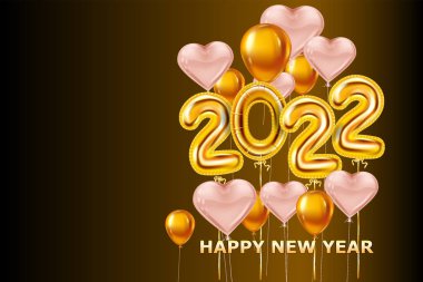 2022 Mutlu Yıllar gerçekçi altın süsleme balonları, kalpler. Altın folyo numaraları, parlak parti geçmişi, konfeti, sim. Vektör bayramı posteri, pankart tasarımı