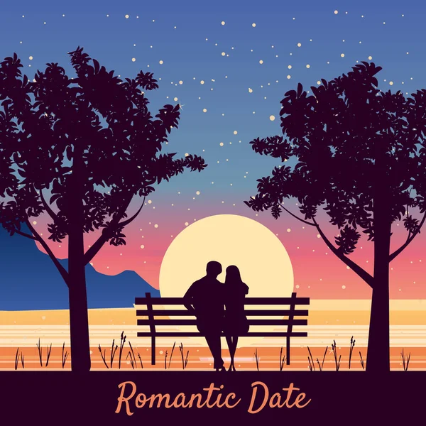 Romantico Appuntamento Coppia amanti sulla panchina in parco, sotto gli alberi. Tramonto, notte, stelle. Vettore Felice San Valentino illustrazione, silhouette — Vettoriale Stock