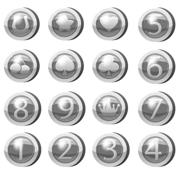 Conjunto de moedas de prata para aplicativos de jogo. Ícones de prata estrela, coração, números símbolos jogo UI, jogos de azar. Ilustração vetorial — Vetor de Stock