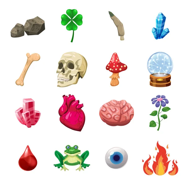 Witchcraft set magic object scull, heart, crystal, ball, eye, clover, mushroom, brain, frog. Vector illustration cartoon style — Stockvektor