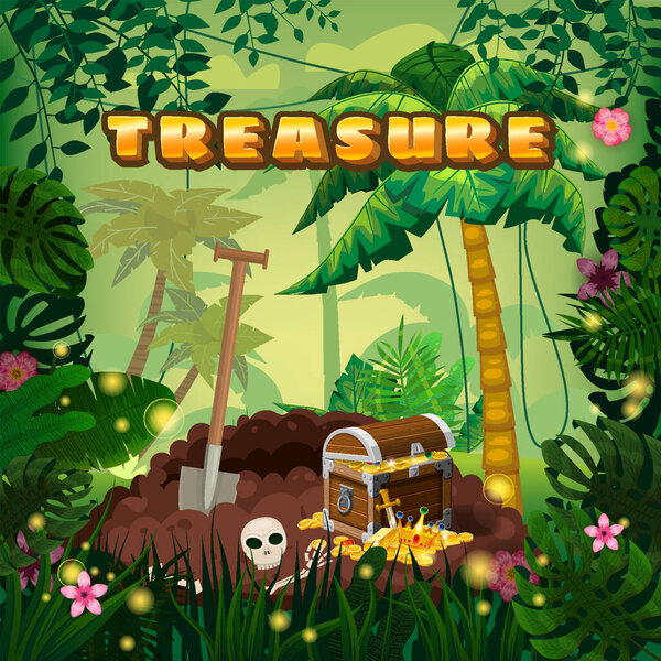 Treasure tropical Island, forest, drug treasure pit from the ground, ancient pirate treasure chest, shovel, scull, exotic plants, palms, sea, ocean, clouds. Sea landscape coast, beach, sand adventure