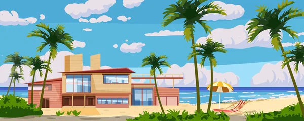 Tropical resort luxury Villa para el descanso, vacaciones. Arquitectura moderna con palmeras exóticas, mar, océano, costa de playa. Paisaje de verano vista al mar. Ilustración vectorial estilo de dibujos animados — Vector de stock