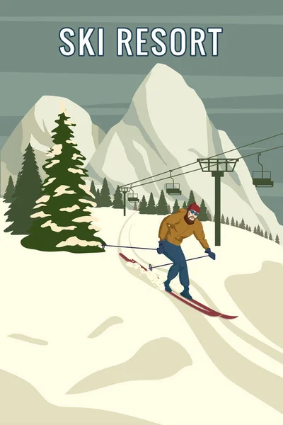 Mountain σκιέρ vintage χειμερινό θέρετρο χωριό Άλπεις, Ελβετία. Χιονισμένο τοπίο κορυφές, πλαγιές με sci lift, με ξύλινα πατροπαράδοτα σκι και στύλους. Ταξιδιωτική ρετρό αφίσα — Διανυσματικό Αρχείο