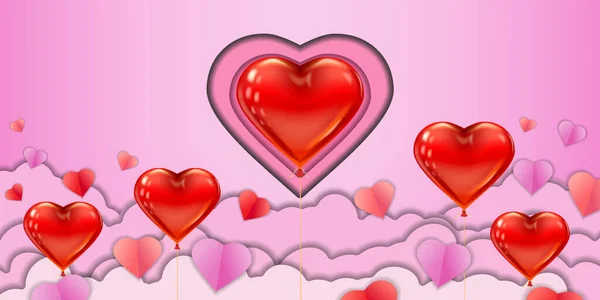Bannière horizontale design artisanat Saint-Valentin, cœurs de ballon rose rouge et nuages. Modèle de fond pour carte de vœux, vente, invitation, vecteur — Image vectorielle