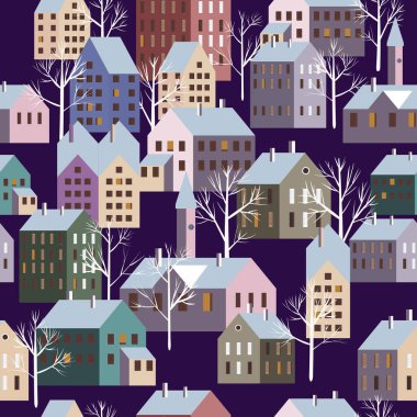 Noel İskandinav kasabası, kusursuz kış şehri manzarası, ağaç evleri, yeni yıl ve Noel tatilleri. Vektör illüstrasyon minimalizm biçimi