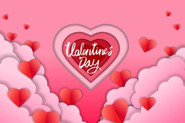 Sevgililer Günü kağıt kesim tasarım afişi, kırmızı pembe kalpler ve bulutlar. Tebrik kartı, davet, vektör için şablon arkaplanı