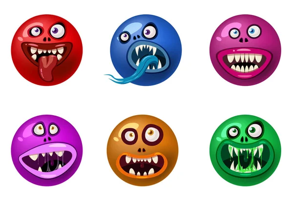 Set od Mostro faccia cartone animato icone rotonde testa personaggi di Halloween. Illustrazione, adesivo, emblema divertente maschera carina, vettore — Vettoriale Stock
