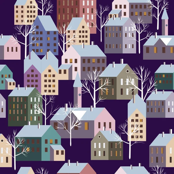 Christmas scandinavian town, seamless pattern winter city landscape, trees houses, New Year and Christmas holidays. Vector illustration minimalism style