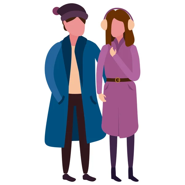 Mutlu genç çift ailesi, kışlık soğuk hava kıyafetleri, kep, sıcak palto, botlar. Çizgi film düz stili — Stok Vektör