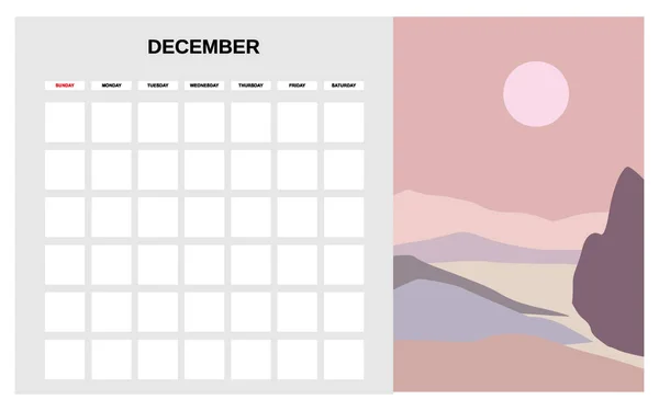 Kalendarz Planer Grudzień zima miesiąc. Minimalne abstrakcyjne współczesny krajobraz naturalne tło. Miesięczny wzór dziennika pracy. Wyizolowany wektor — Wektor stockowy