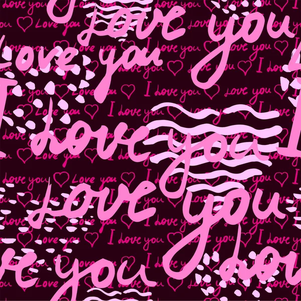 Patrón sin costuras, texto Te amo, palabras escritas a mano, corazones rosados. Boceto, garabato, letras, feliz día de San Valentín. Vector ilustración fondo negro — Vector de stock