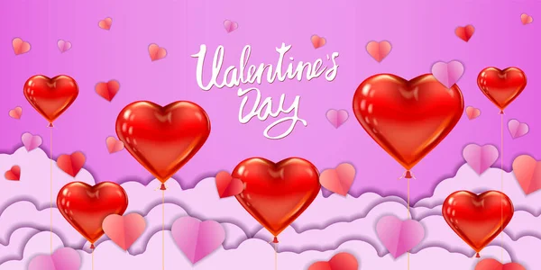 Valentijnsdag papercut ambachtelijke ontwerp horizontale banner, rode roze ballon harten en wolken. Sjabloon achtergrond voor wenskaart, verkoop, uitnodiging, vector — Stockvector