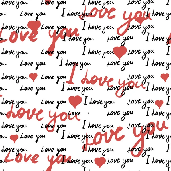 Text I love you, hand written words. Seamless pattern, sketch, doodle, lettering, hearts, happy valentines day. Vector illustration background — Vetor de Stock