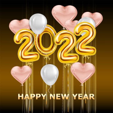 2022 Mutlu Yıllar gerçekçi altın süsleme balonları, kalpler. Altın folyo numaraları, parlak parti geçmişi, konfeti, sim. Vektör bayramı posteri, pankart tasarımı