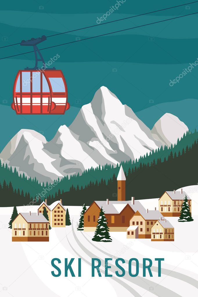 Mountain vintage winter resort village Alps, Switzerland. Snow landscape peaks, slopes. Travel retro poster, vector illustration