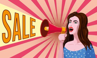 Woman shouting in megaphon, loudspeaker. Female cartoon character announcing for advertising, markertng information, discount or sale. Vector business communication illustration