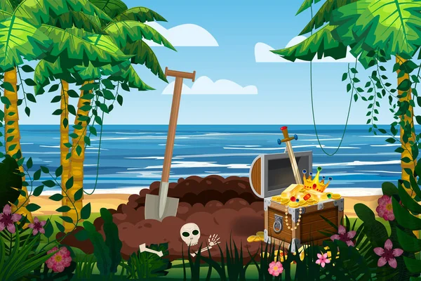 Treasure tropical Island, drug treasure pit, from the ground, ancient pirate treasure chest, scull, exotic plants, palms, sea, ocean, clouds. Sea landscape coast, beach, sand adventure game — Stock Vector