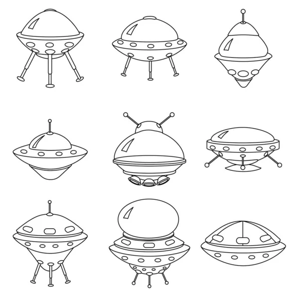 Zestaw ikon UFO, statek kosmiczny obcych. Styl zarysu wektora — Wektor stockowy