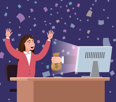 Successful joyful businesswoman receives a bag of money from the computer screen. Earn money online, financial success, win lottery prize. Falling banknotes, confetti, winning. Vector illustration