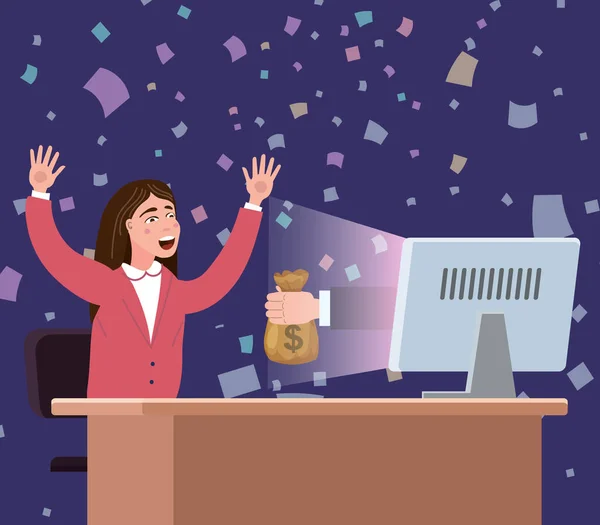 Successful joyful businesswoman receives a bag of money from the computer screen. Earn money online, financial success, win lottery prize. Falling banknotes, confetti, winning. Vector illustration — Wektor stockowy