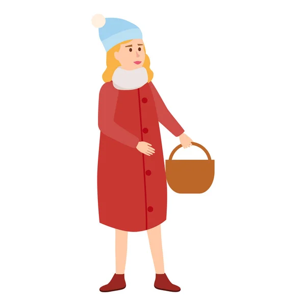 Young Woman winter cold weather clothes, cap, warm coat, boots, with basket for goods. Cartoon flat style — Stockvector