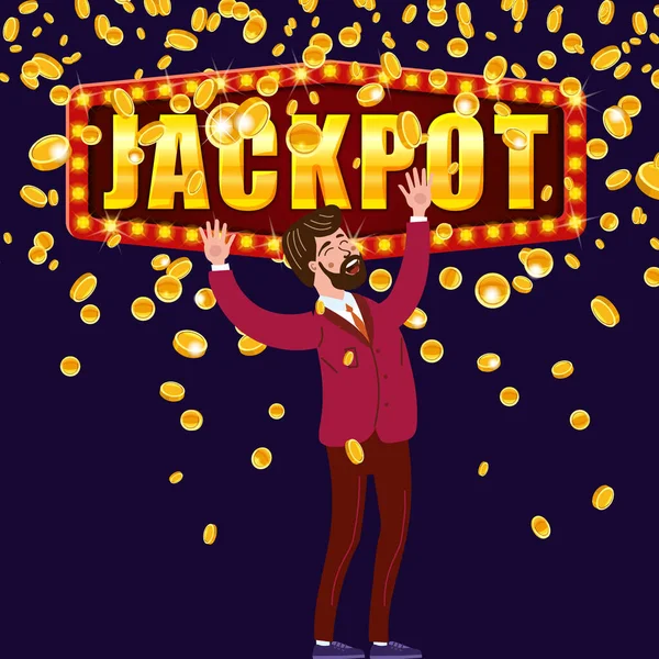 Jackpot banner Happy man falling money gold coins rain. Winner lottery, prize, falling cash. Vector illustration — ストックベクタ