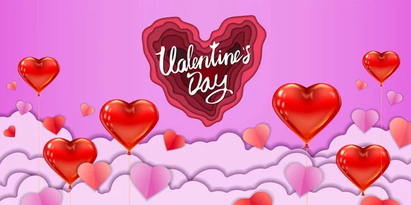 Boldog Valentin-napot papírvágó kézműves design vízszintes banner, piros rózsaszín léggömb szív és felhők. Sablon háttér üdvözlő kártya, értékesítés, meghívó, vektor — Stock Vector