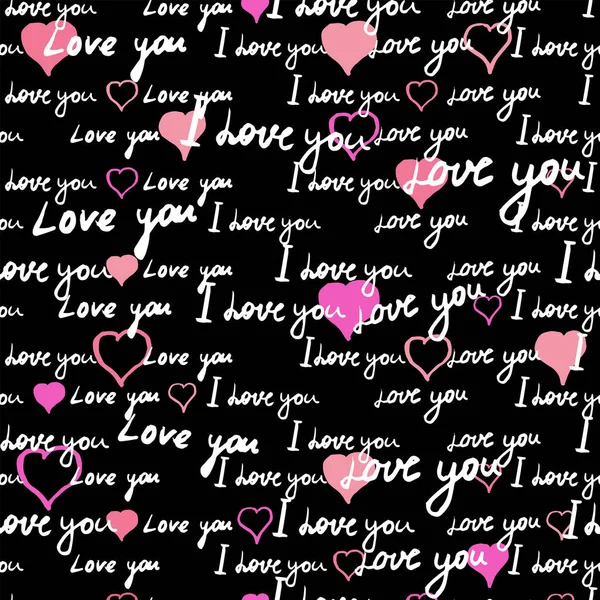 Seamless pattern, text I love you, hand written words, pink hearts. Sketch, doodle, lettering, happy valentines day. Vector illustration black background — Vetor de Stock
